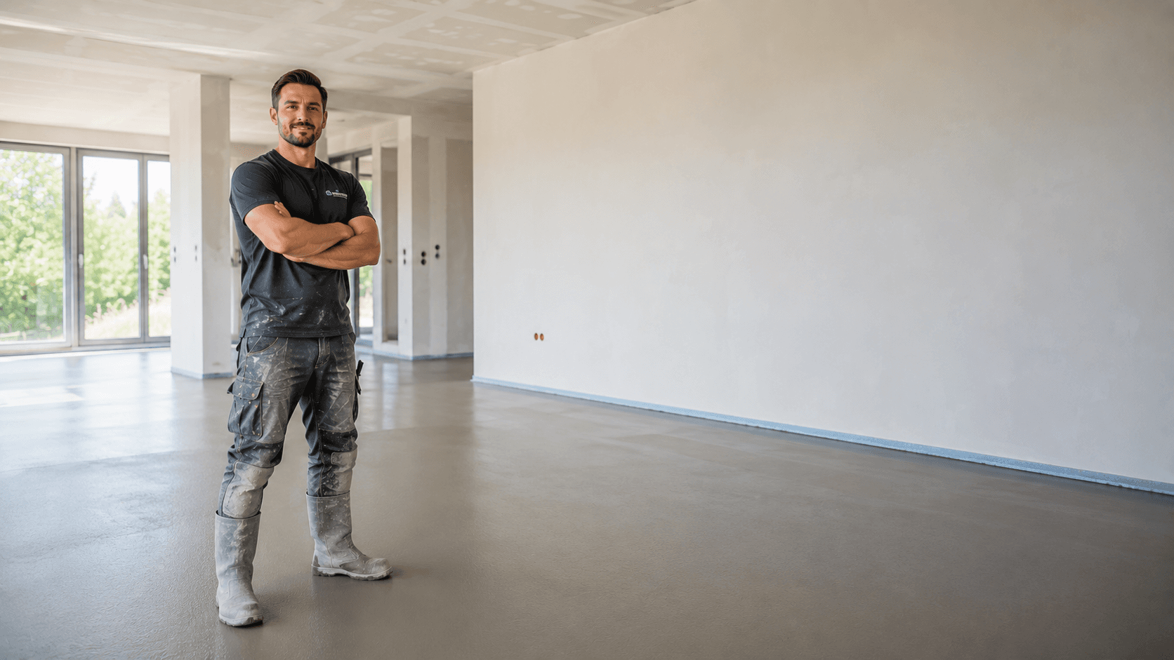 Estrichleger steht mit verschränkten Armen auf einer frisch verlegten, ebenen Estrichfläche im Rohbau